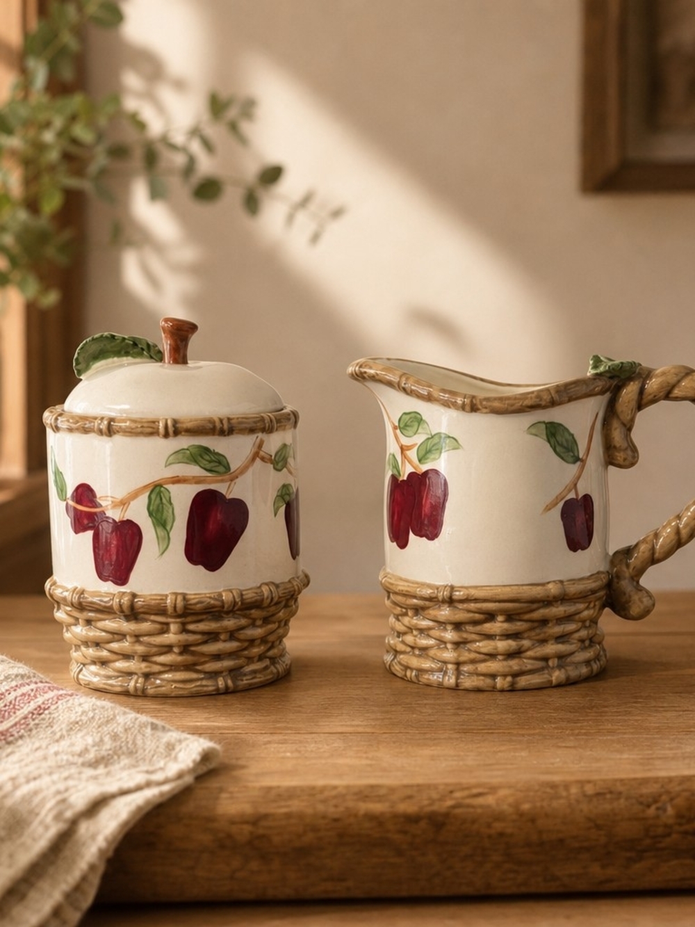 Hand-Painted Ceramic Apple Canister & Pitcher Set - Red Apple Motif